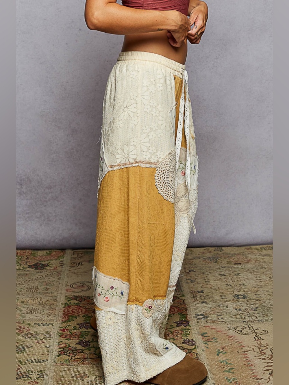POL Patchwork Cream and Mustard Top and Wide-Leg pant set - Picture 3 of 12